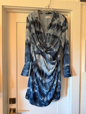 Calvin Klein Navy and Light Blue Wrap-Style Long Sleeve Dress